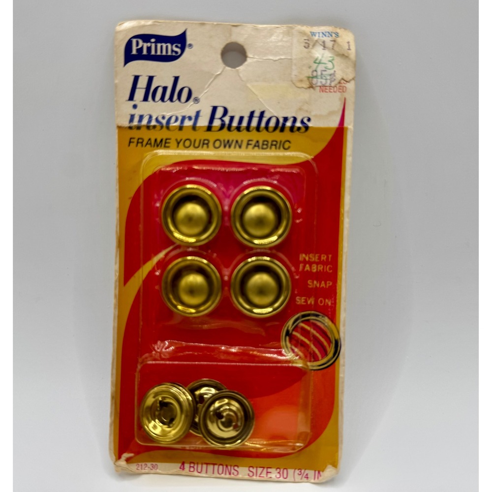 Prims Halo Insert Buttons Size 30 3/4" Gold Tone Vintage 1976 Cover Your Own 4ct